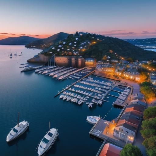 Drone view of a fantasy harbour full of boats. Beautiful lan...