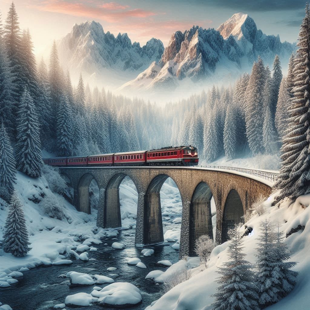 “The Crimson Express Through Snowy Peaks”