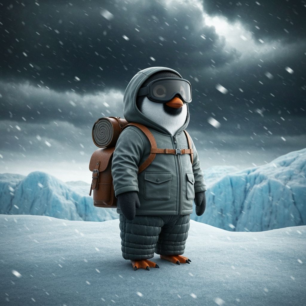 Penguin Explorer in Arctic Storm, 3D Render