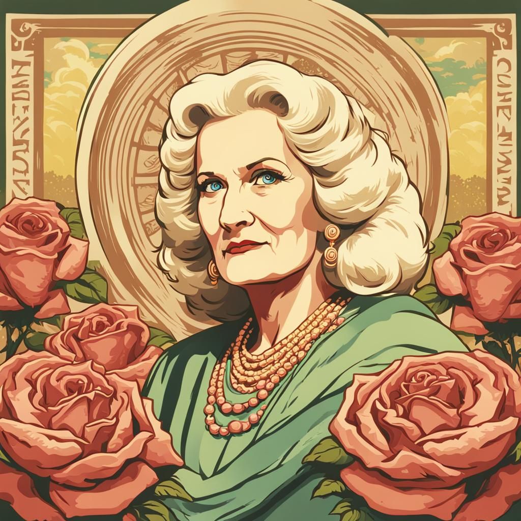Rose Nylund as Demeter in a vintage art style. AI Generated Artwork