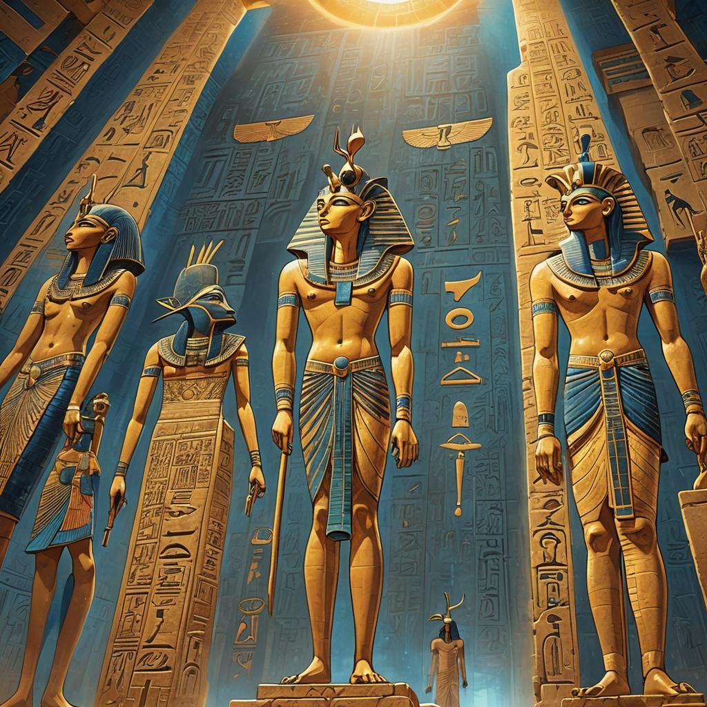 ra isis Thoth as large gold and color paintings on towering ...