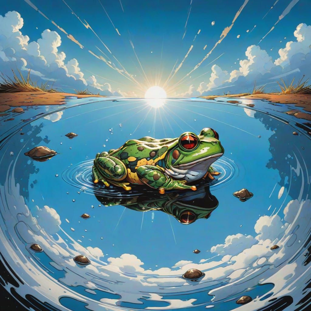 "Puddle Sky" Puddle in the road where my sneakers splash. There's a little toad takin' a bath. Blue sky's reflection ...  by @Lazy Turtle