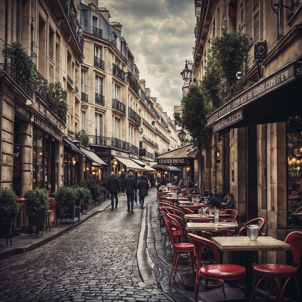 A Parisian street scene with a cafe on the left, tables and ...