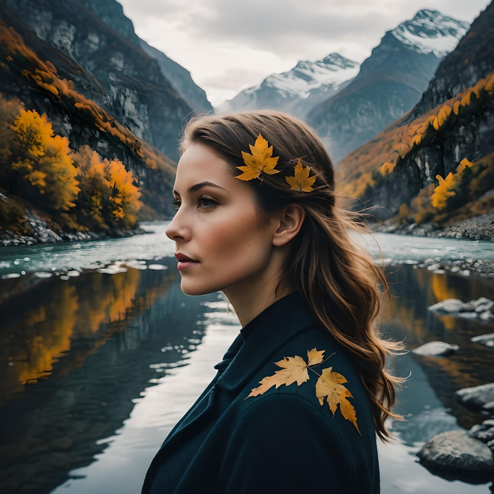 Mujer en la montaña en otoño