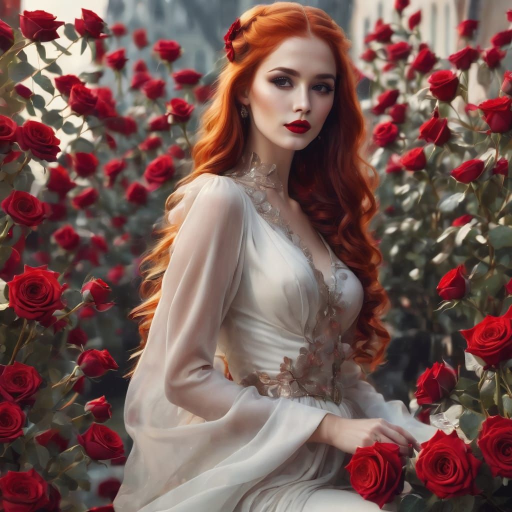 an attractive and elegant woman with long fiery red hair and...