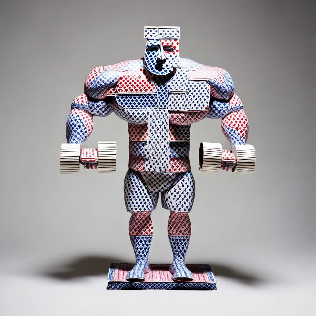 A weightlifter, made entirely out of playing cards.