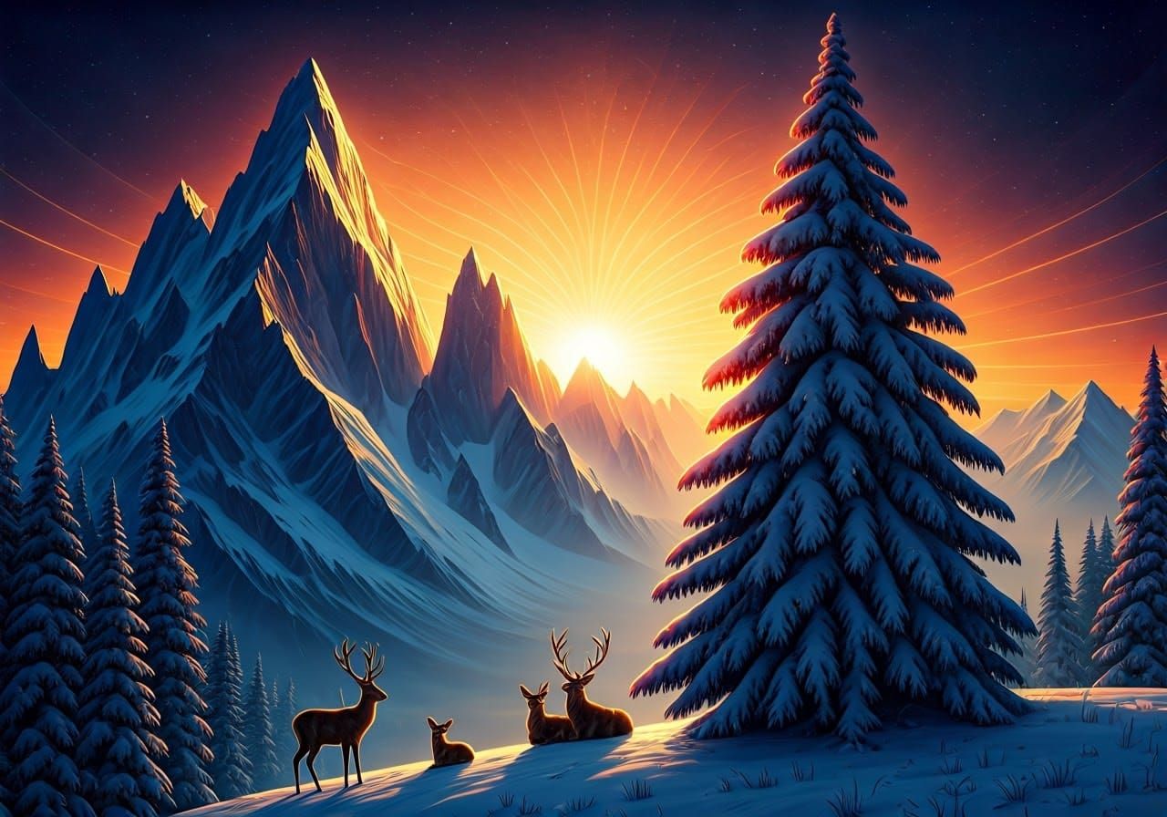 Snowy Mountain Range at Sunset: Cosmic Illustration