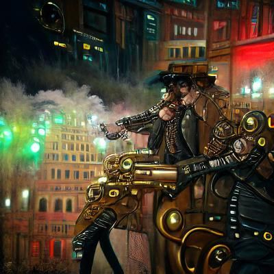Detailed steampunk cyberpunk noir gunfight
