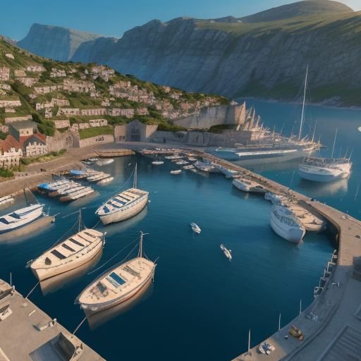 Drone view of a fantasy harbour full of boats. Beautiful lan...