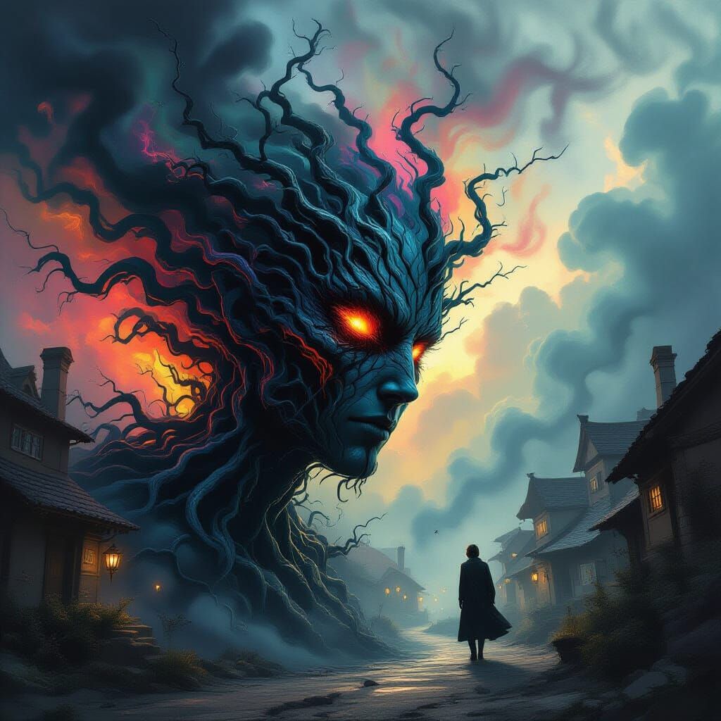 village with weird black vines and smokey darkness all around  