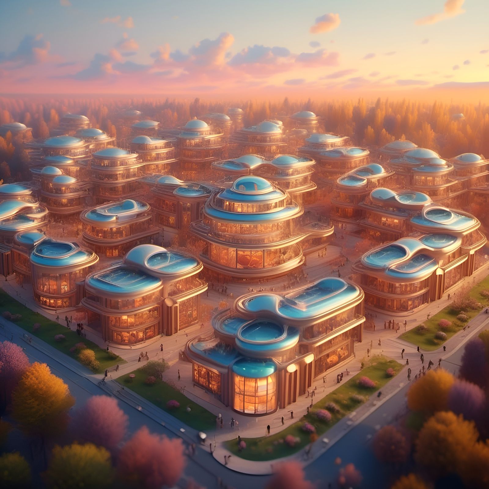 Utopian Technology Village in Golden Hour Light