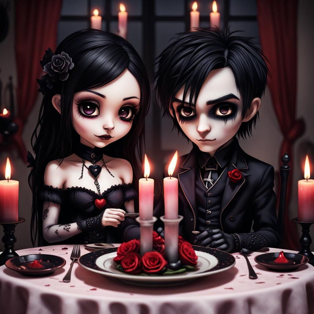 Chibi Goth Valentine's couple having a candlelight dinner together, black candles   by @Husband of Laeaurra