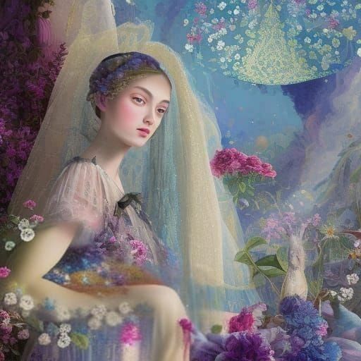 Enter the celestial atelier of a beautiful seamstress with c...
