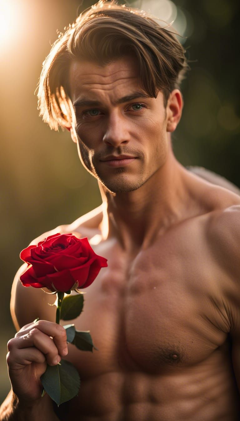 Shirtless muscular young man holding a red rose on the sunny...