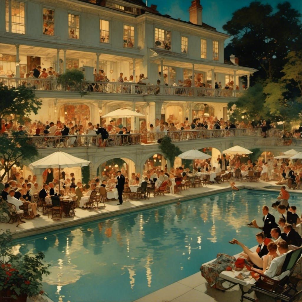  <lora:Norman Rockwell:1.0> an awe-inspiring night out at the pool