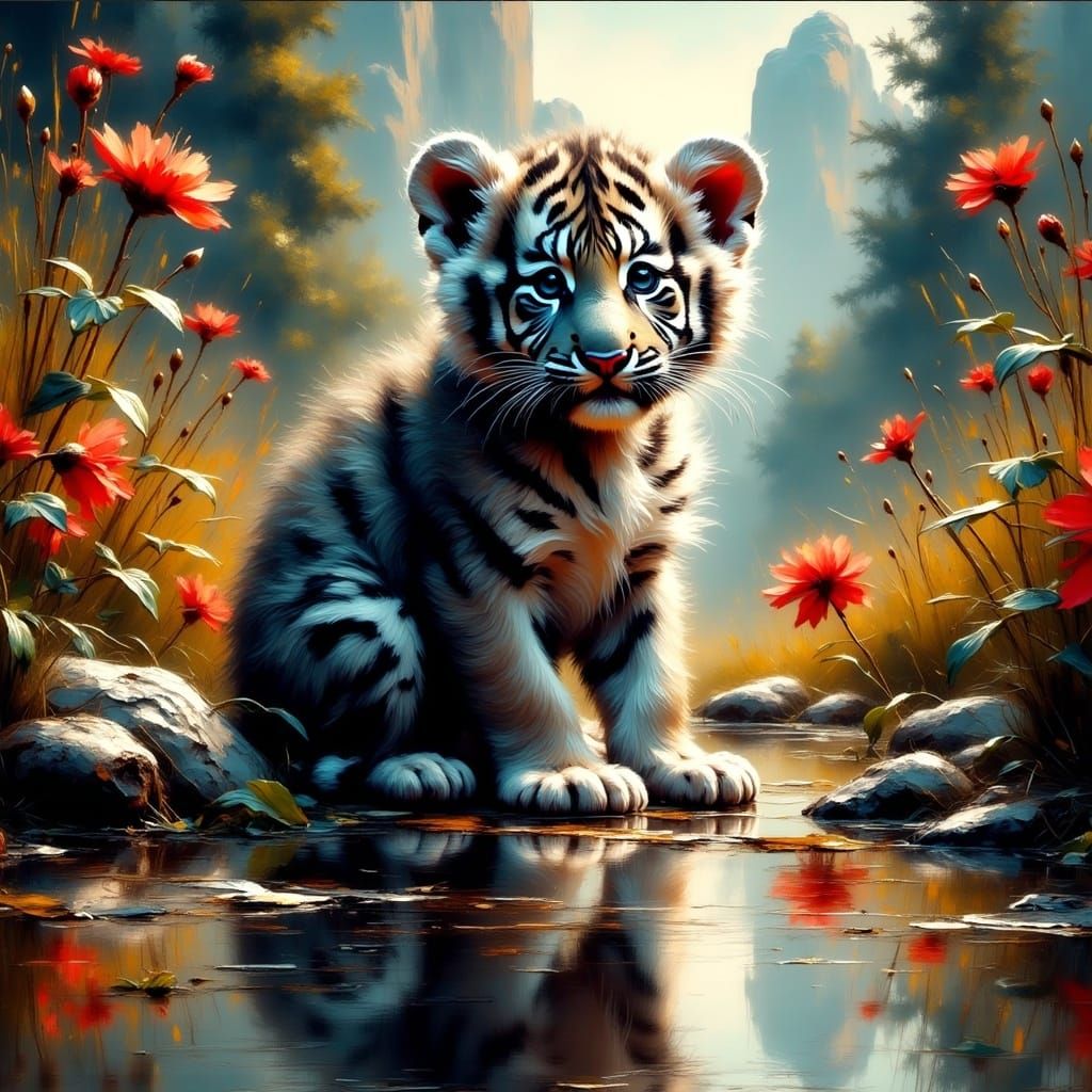 An adorable baby tiger cub sitting in a puddle, reflections, colorful flowers <lora:Impasto-Grunge:1.0> 