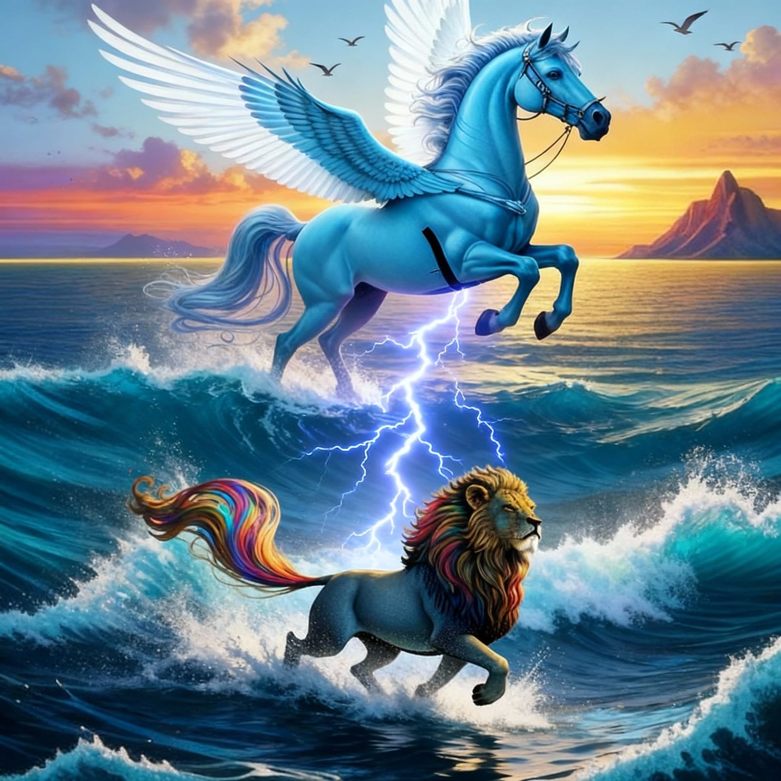 Majestic Pegasus Soars Above Lion in Stormy Seas