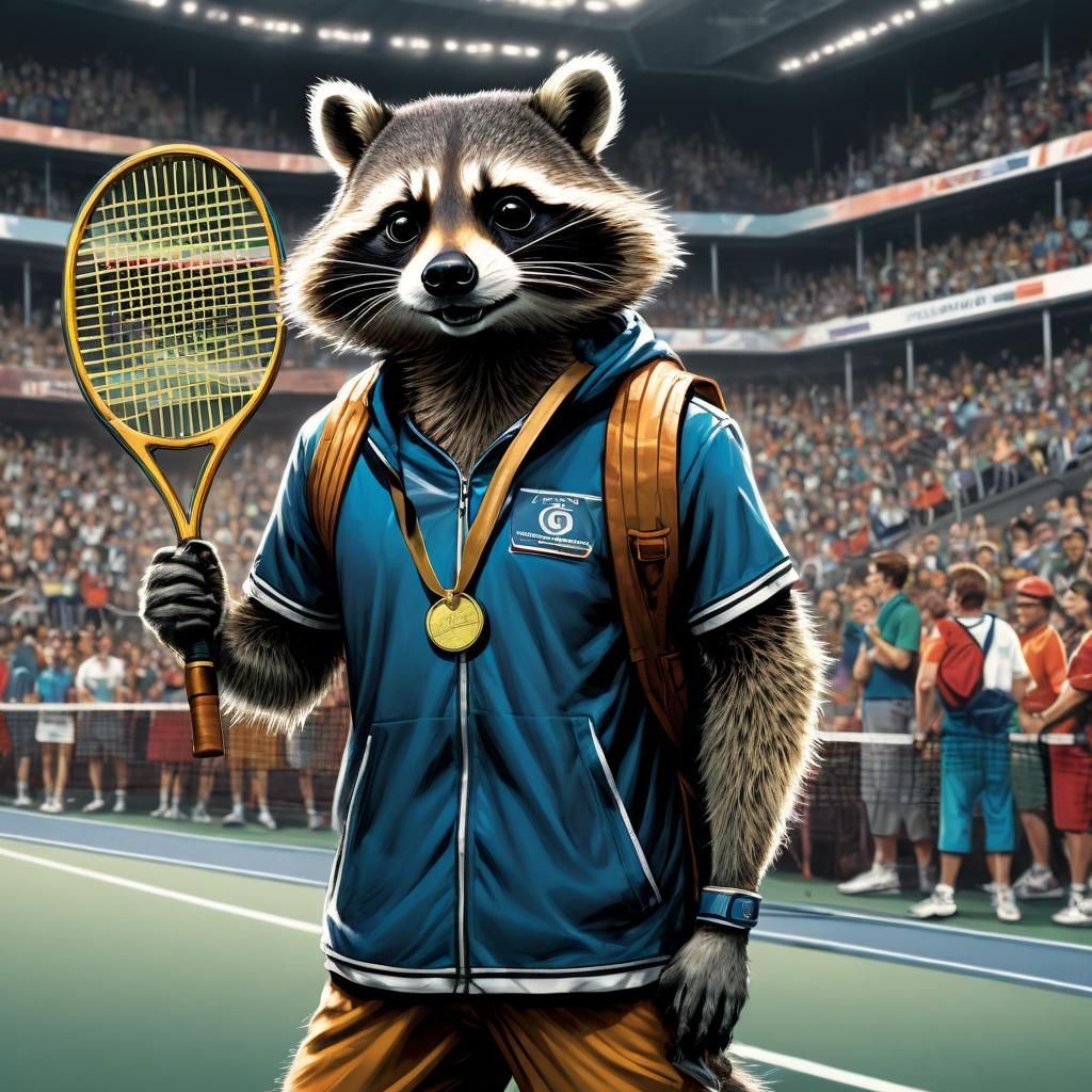 a raccoon in sports outfit holding tennis racket in paw Olympic medal around neck Spectators on stands ...  by @SvenP