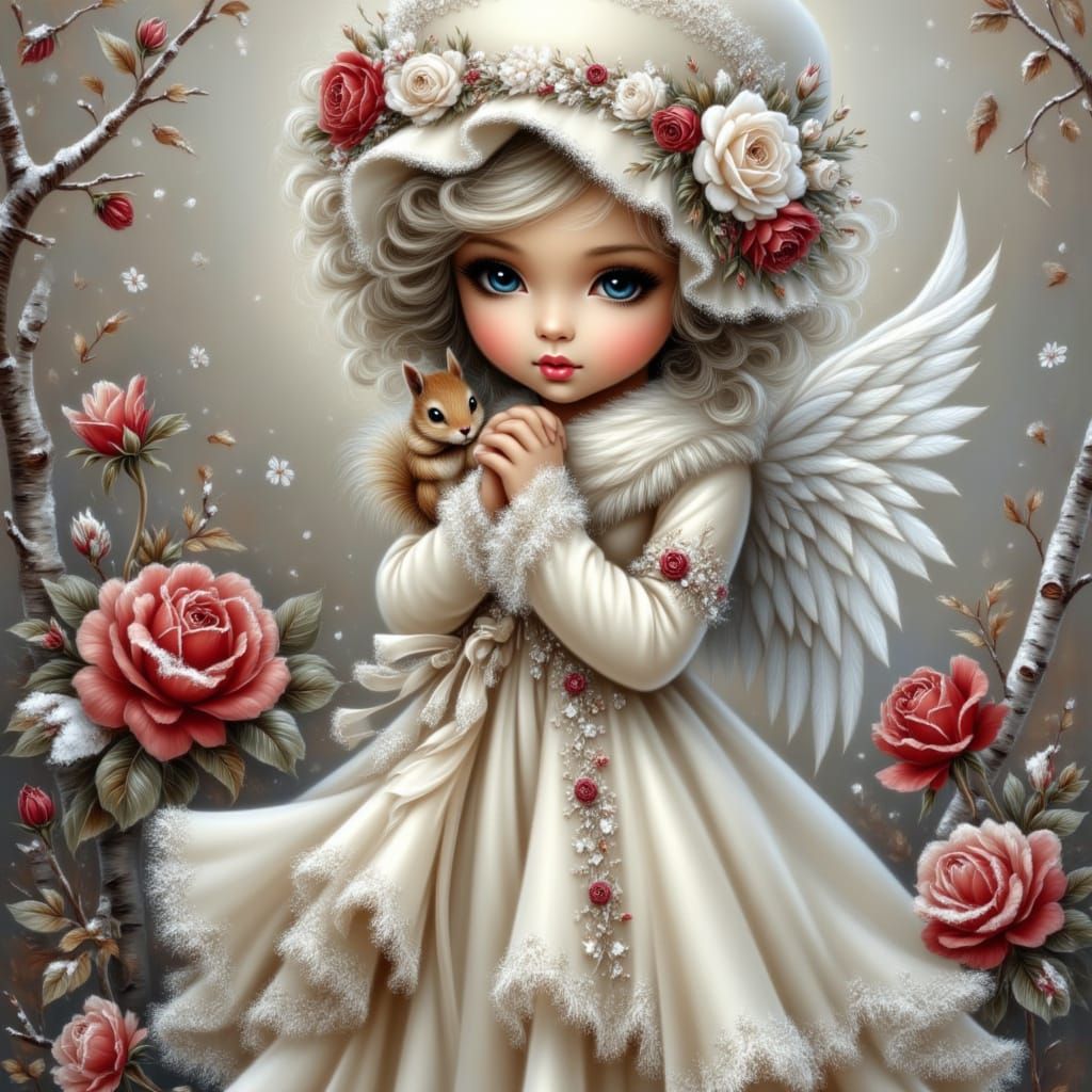 <lora:Zinnahs Angel:1.0> A realistic digital painting of a young girl with porcelain skin and large blue ...  by @Sharon