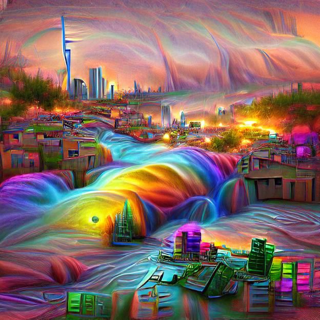 Van Gogh the golden cyberpunk city at sunset during fall fil...
