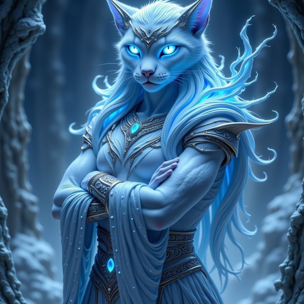 <lora:True Metallics:1.0> An anthropomorphic snow cat warrior stands atop a fractured obsidian spire, arms crossed beneath flowing sleeves p...