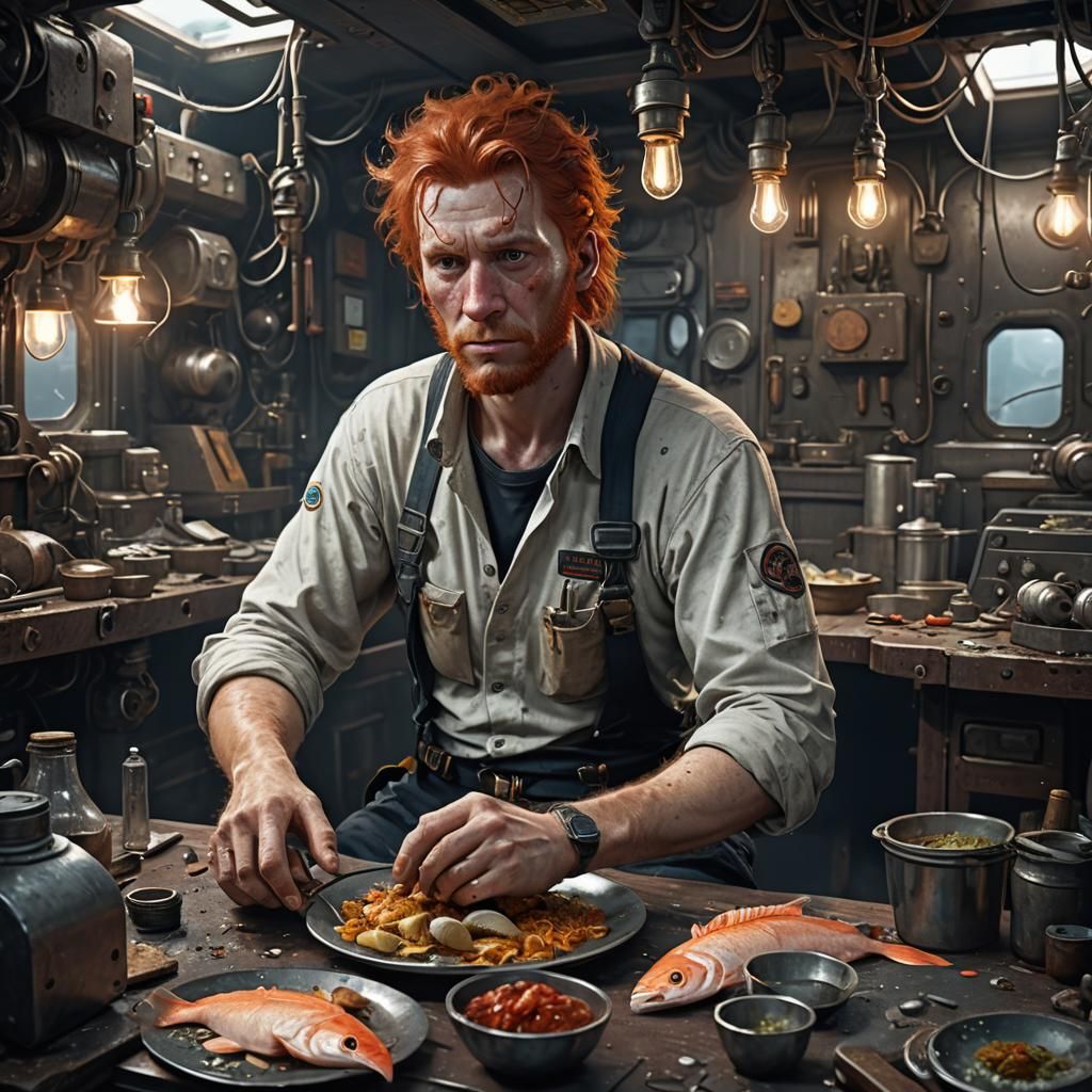 A human male ship repair engineer, pale white skin, scraggly...