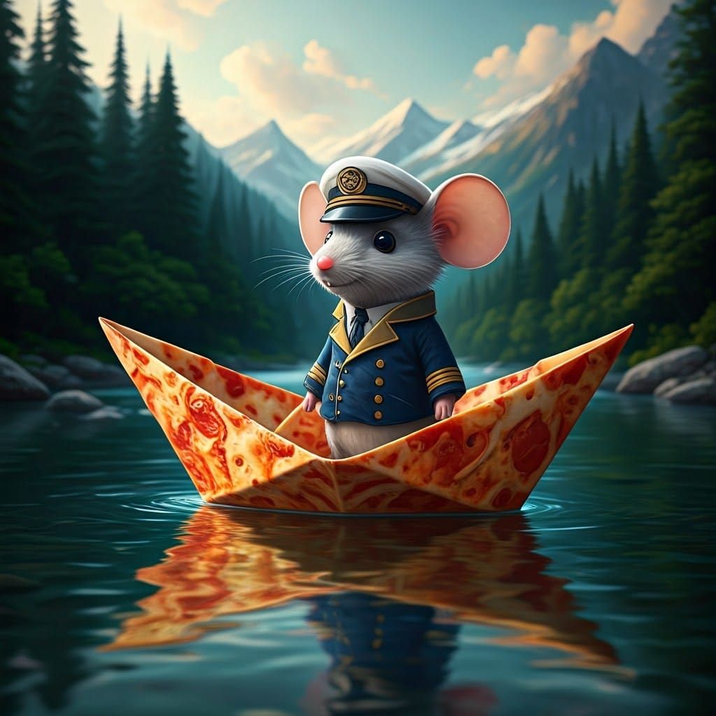 an origami boat, but made not of paper, but of folded pizza. It floats along a mountain river with crystal clear water. On the boat stands a...