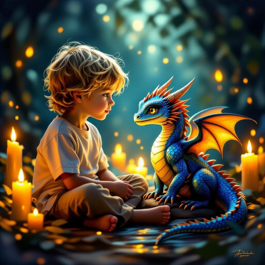 Boy and Dragon in Golden Candlelight