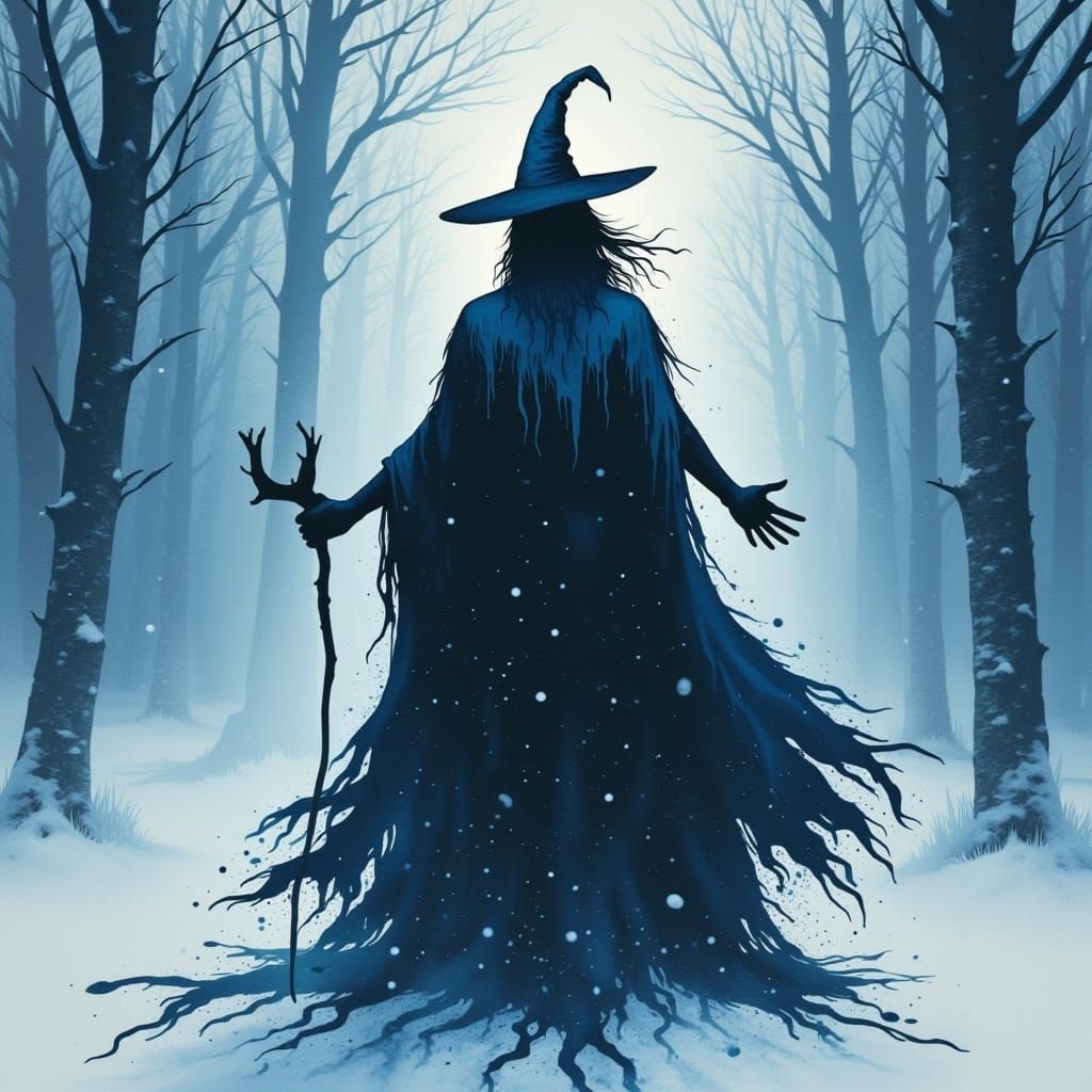 <lora:Blotched Flux:1.0>a Wizard Silhouette back lit snowy blizzard, inspired by Colored-Ink Blotch style art. in shades of blue.