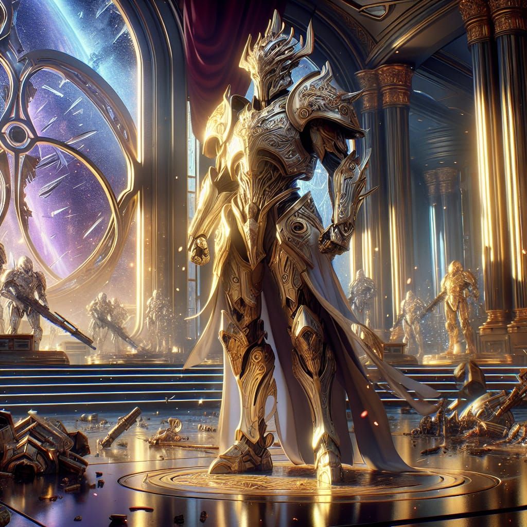 Majestic character standing proudly in a grand, high-tech Im...