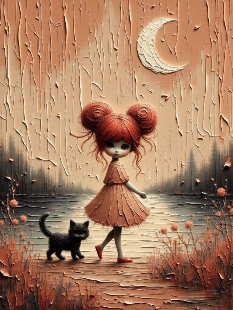 <lora:Moonchild:1.0> orange beige plum cream tan colorway, wormhole point of view, Closeup, Whimsical moonlit scene', Lit city skyline, Extr...