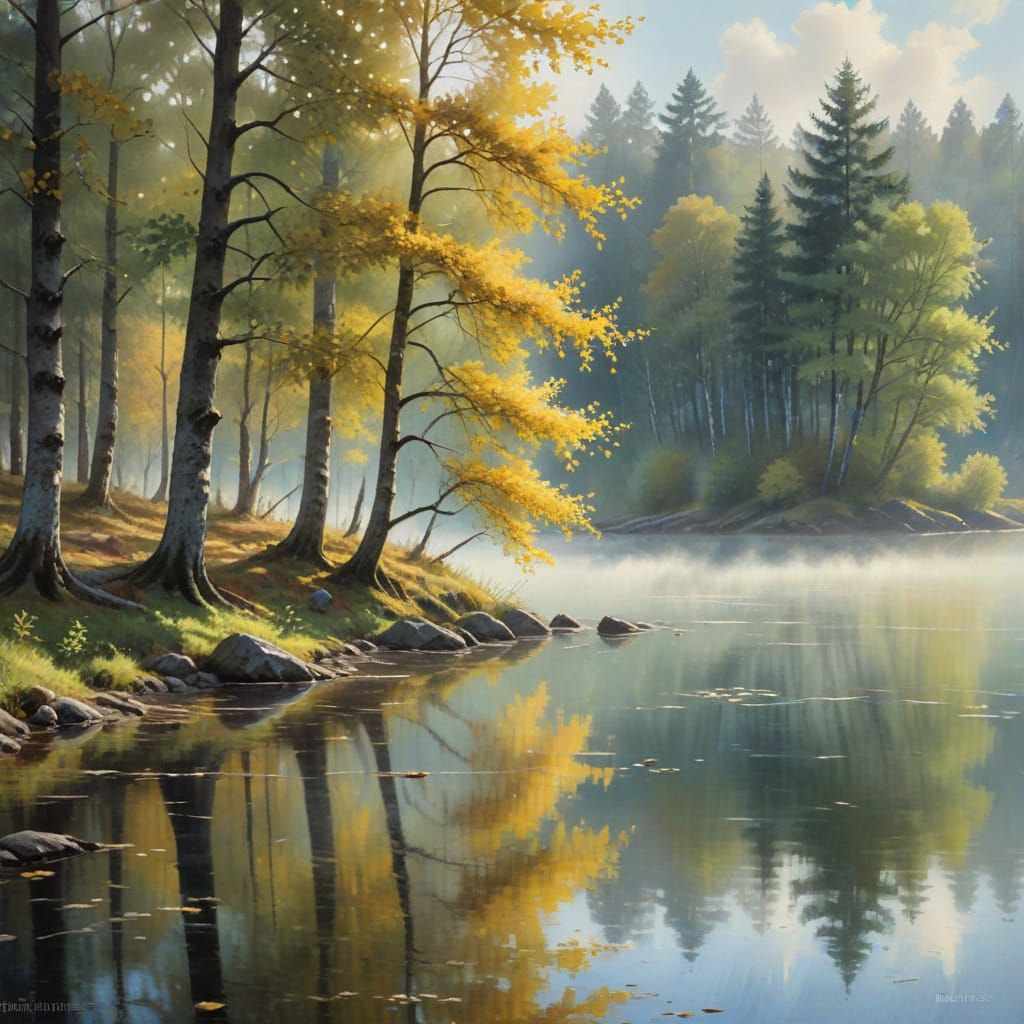 Impressionist Lakeside Autumn Scene in Scandinavia