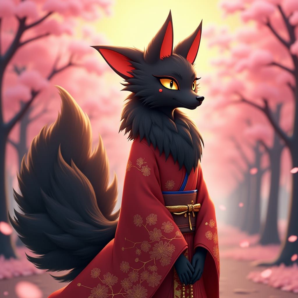 A black and red Kitsune in a cherry blossom forest 