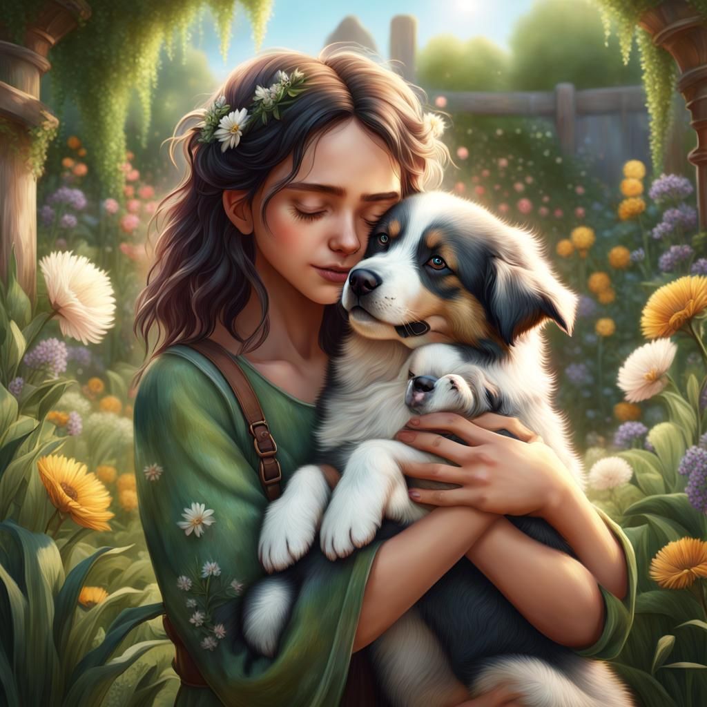 A small rustic girl hugging her fluffy Australian Shepard pu...