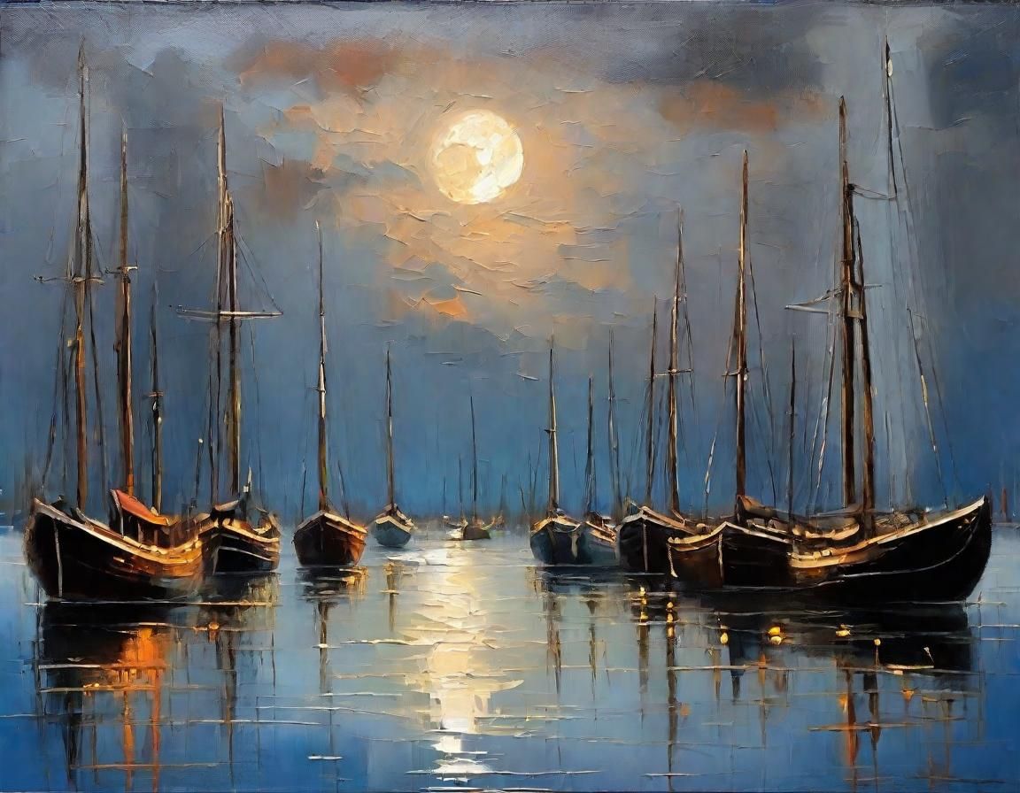 A dramatic vintage oil painting of a serene harbor at dawn, ...