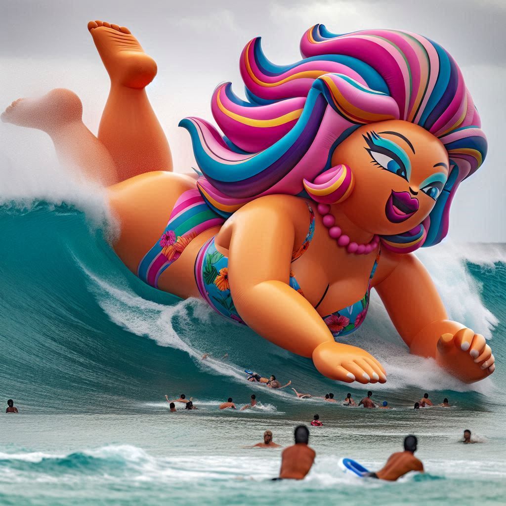 Inflatable giantess bodysurfing