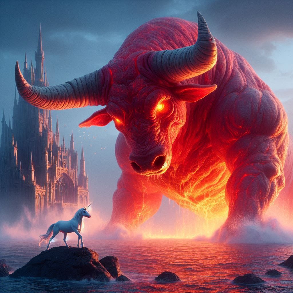 The Red Bull hearding the last unicorn into the sea  by @BunnyFooFoo