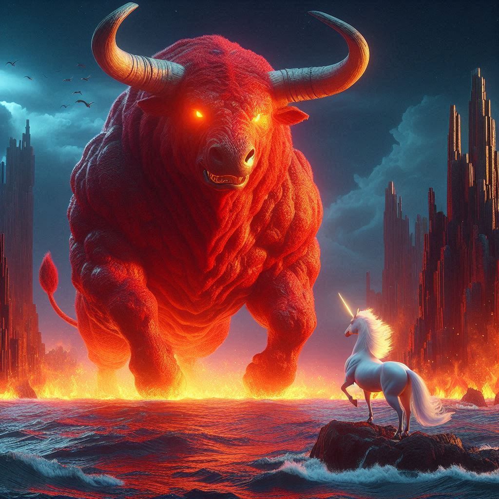 The Red Bull herding the last unicorn into the sea