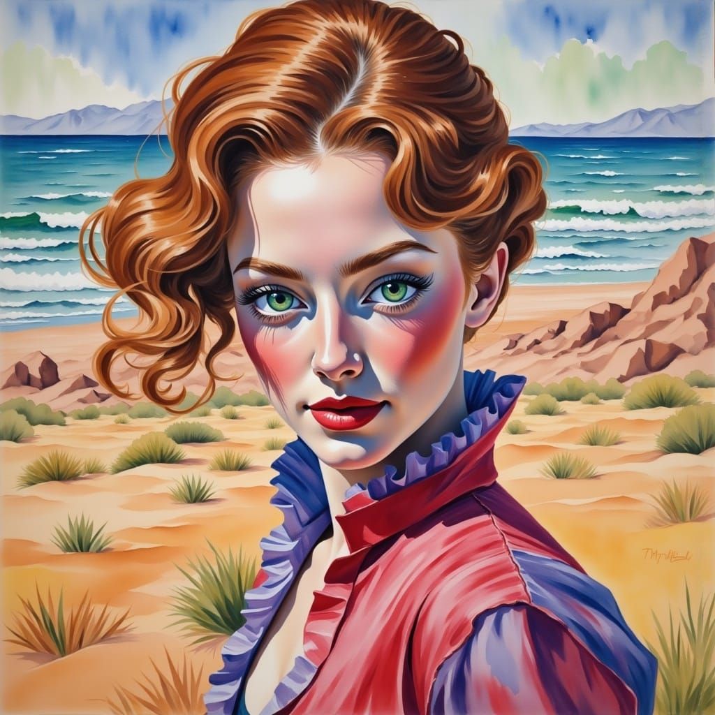 <lora:Flux - Painterly:1.0> beautiful red haired woman w/deep blue eyes, hair in an updo, and peachy red colored ruffled top on the beach w/...