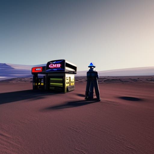 Gas station on Mars with steampunk cyborg attending spaceshi...