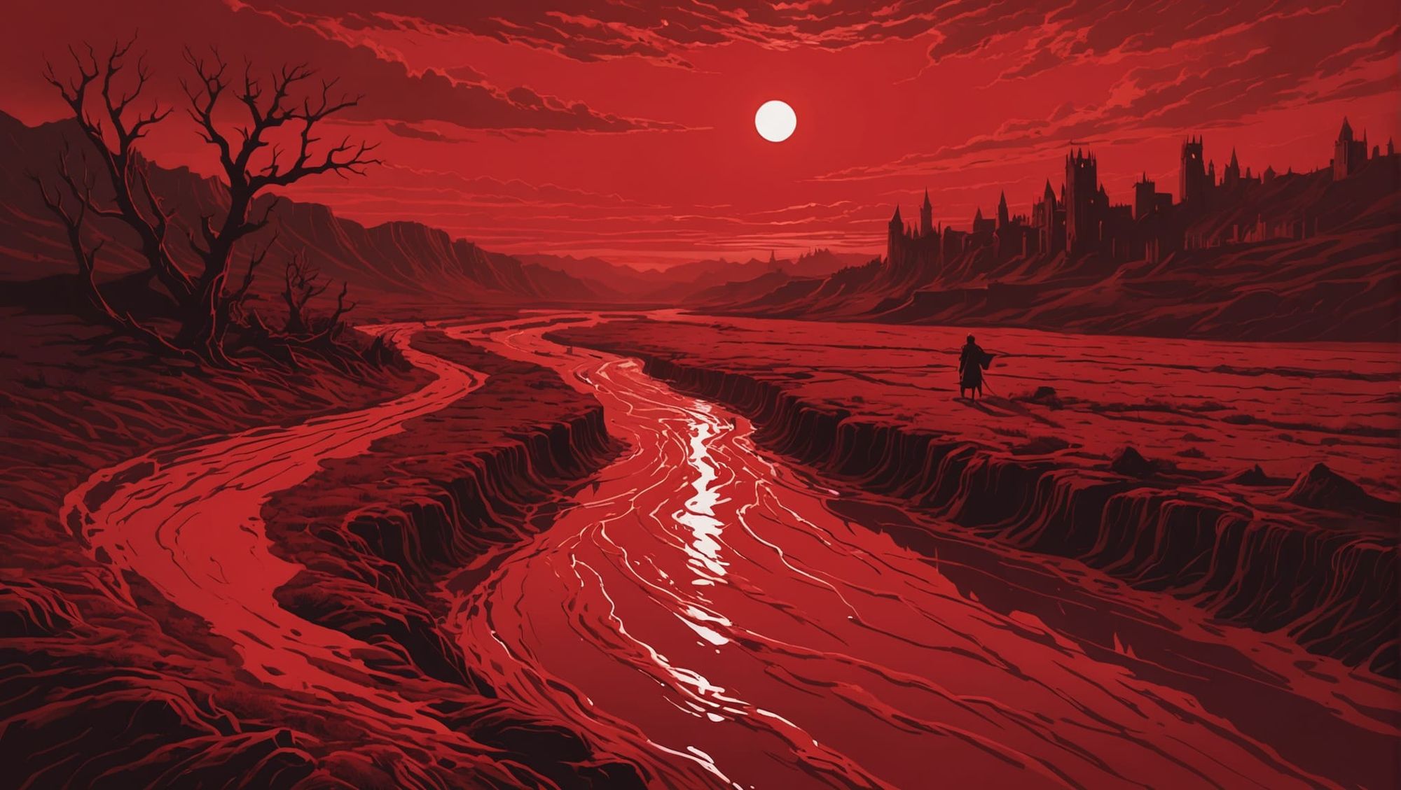 (red monochromatic:1.9) artwork, the rivers run re with blood, deep flowing red waters, across a crimson landscape, the sky glows red from t...