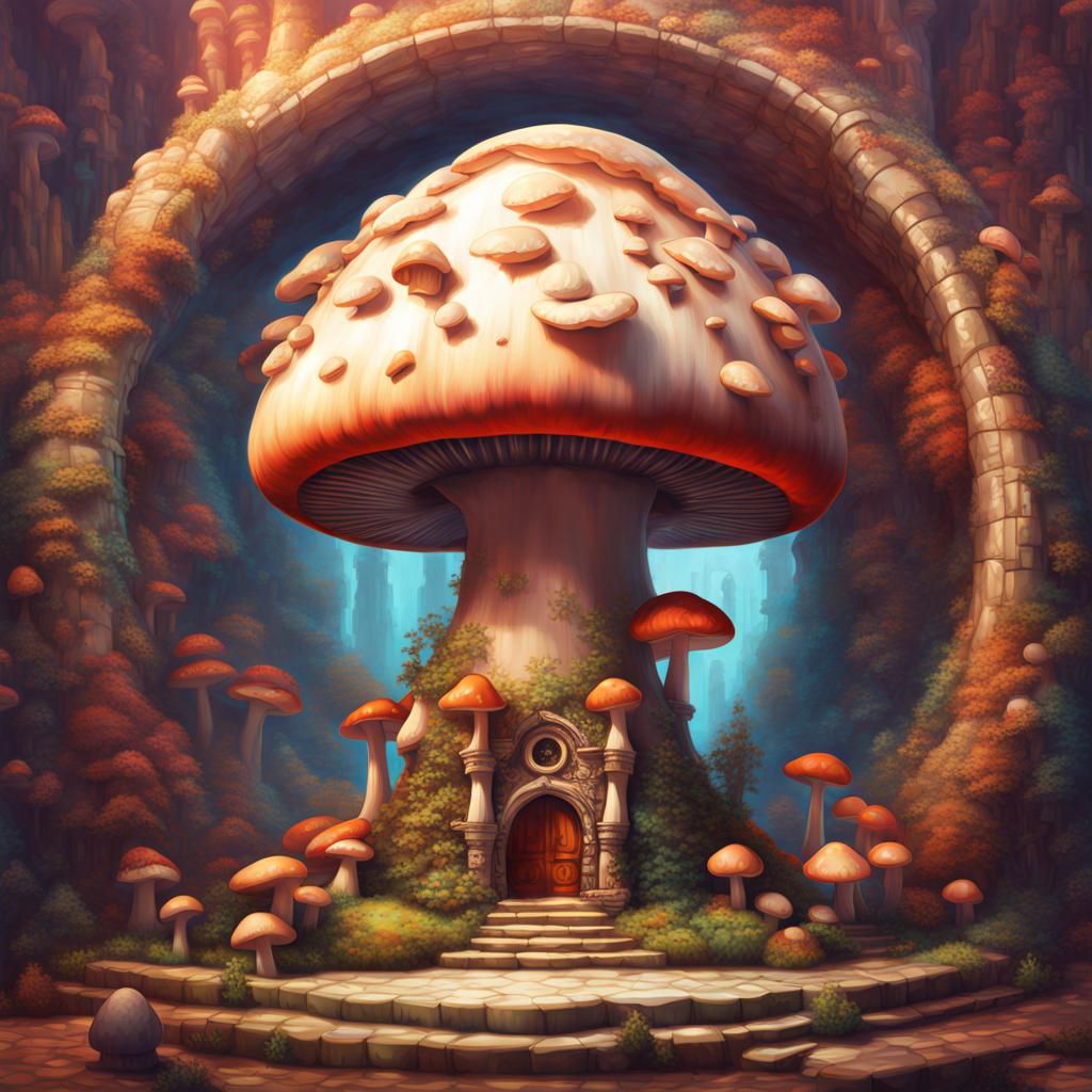 Mushroom palace with a mushroom man inside in a globe pixel