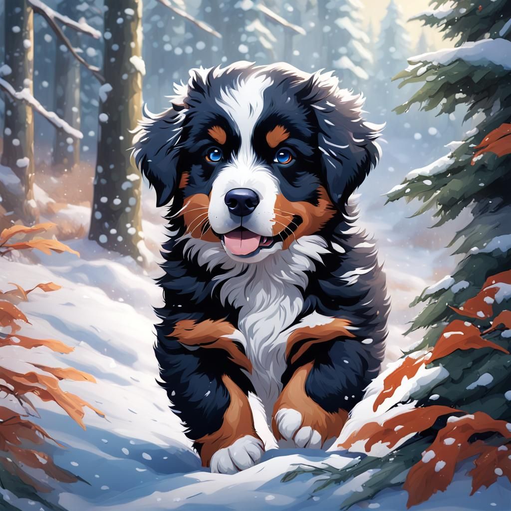 Cute bernese mountain puppy playing in snowy forest. Bright ...