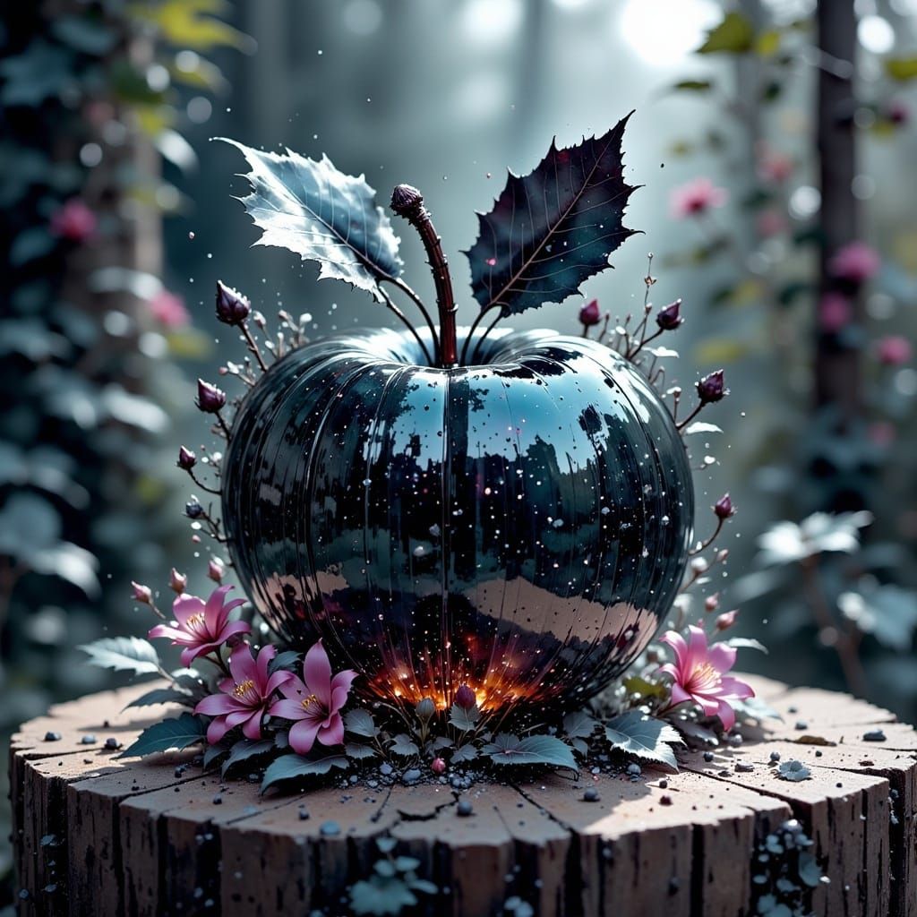 <lora:Ttogttog Ingkeu Fx:1.0>, apple made of glass,, the glass apple is filled with black liquid,, glass apple,, ethereal fantasy, highly de...