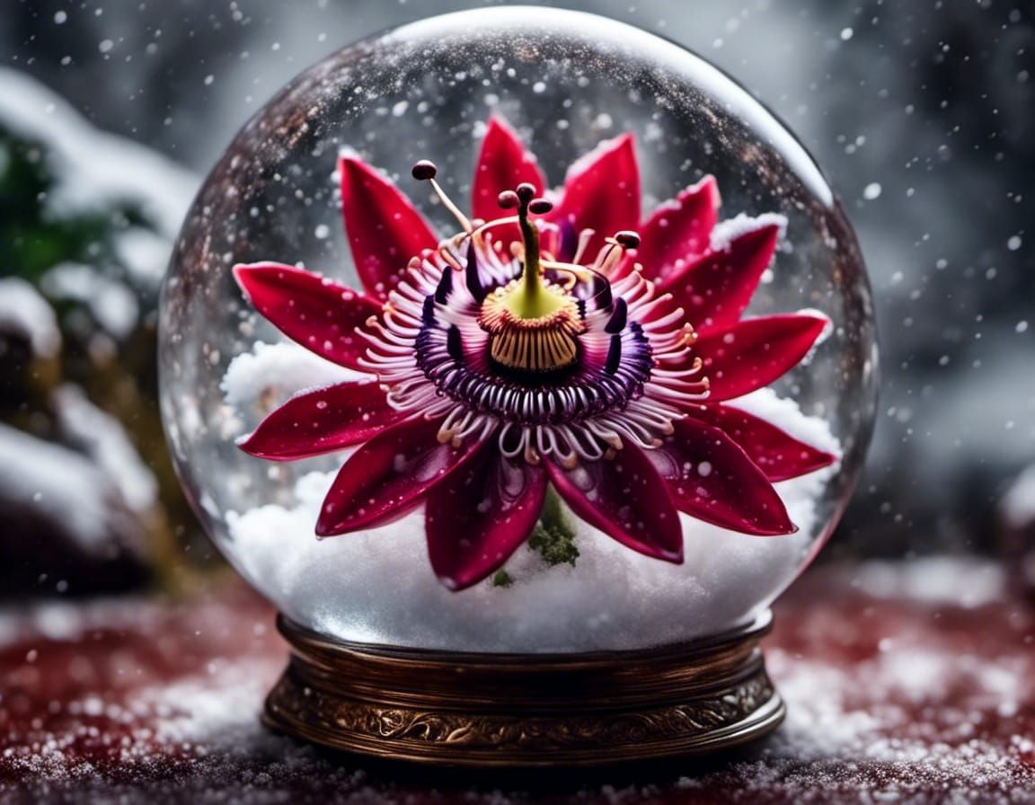 snow globe with crimson passion flower<lora:Mnemcore:1.0>