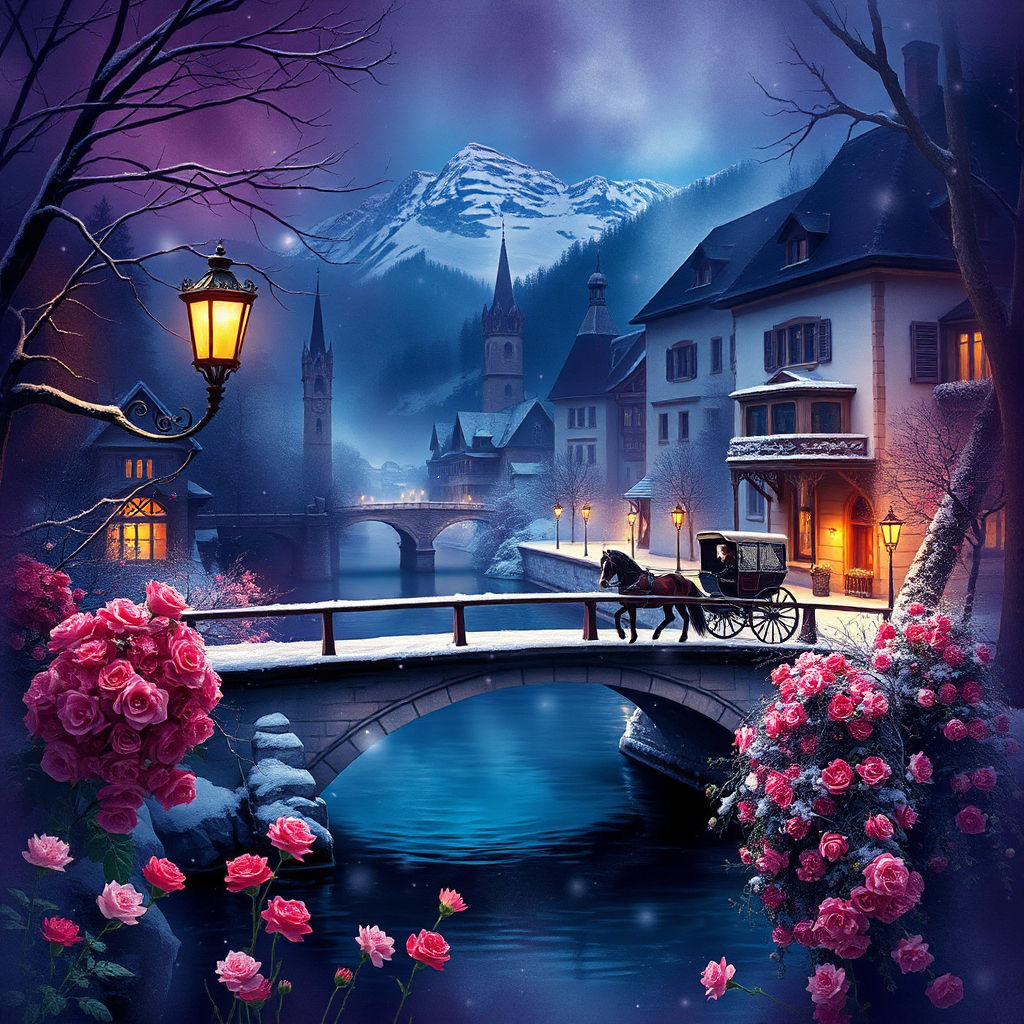 Horse and Carriage crossing the River Bridge