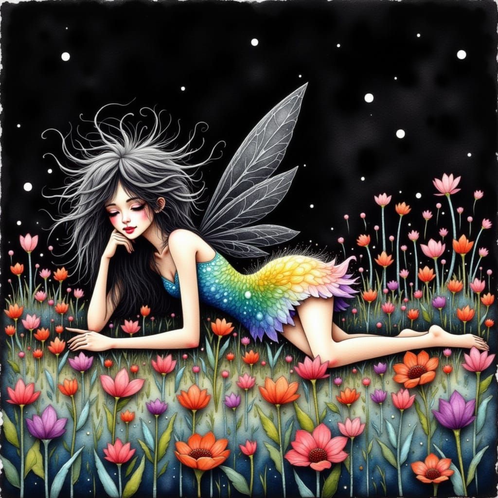 <lora:Fae:1.0> watercolor painting of a female fairy laying in field of flowers, wearing a rainbow dress, field of flowers, dark messy hair,...