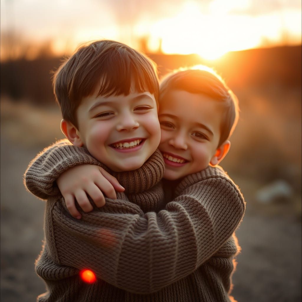 Boy Hugs Friend in Golden Hour: Cinematic Still