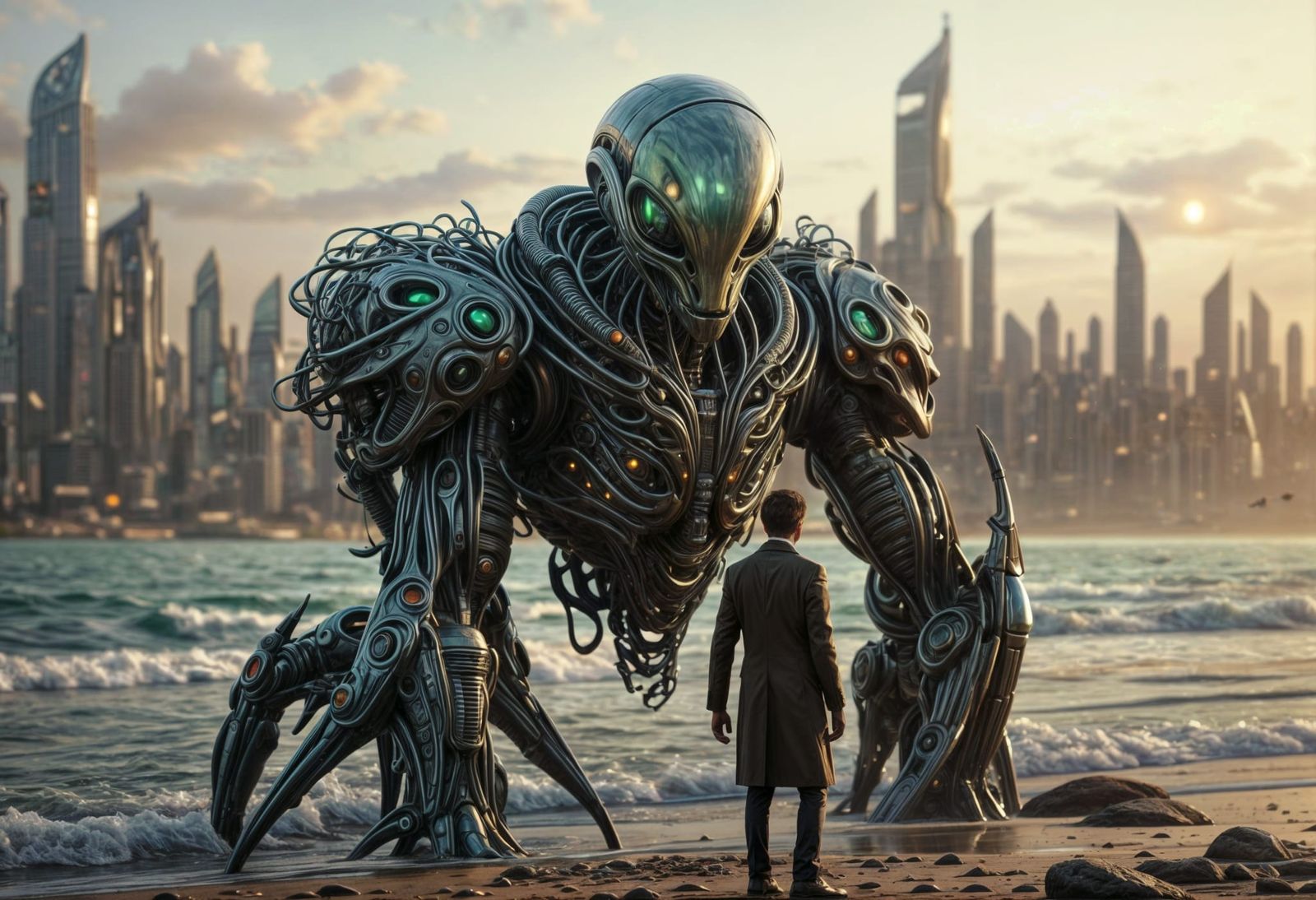 The image depicts a humanoid alien with orange skin, blue ey...