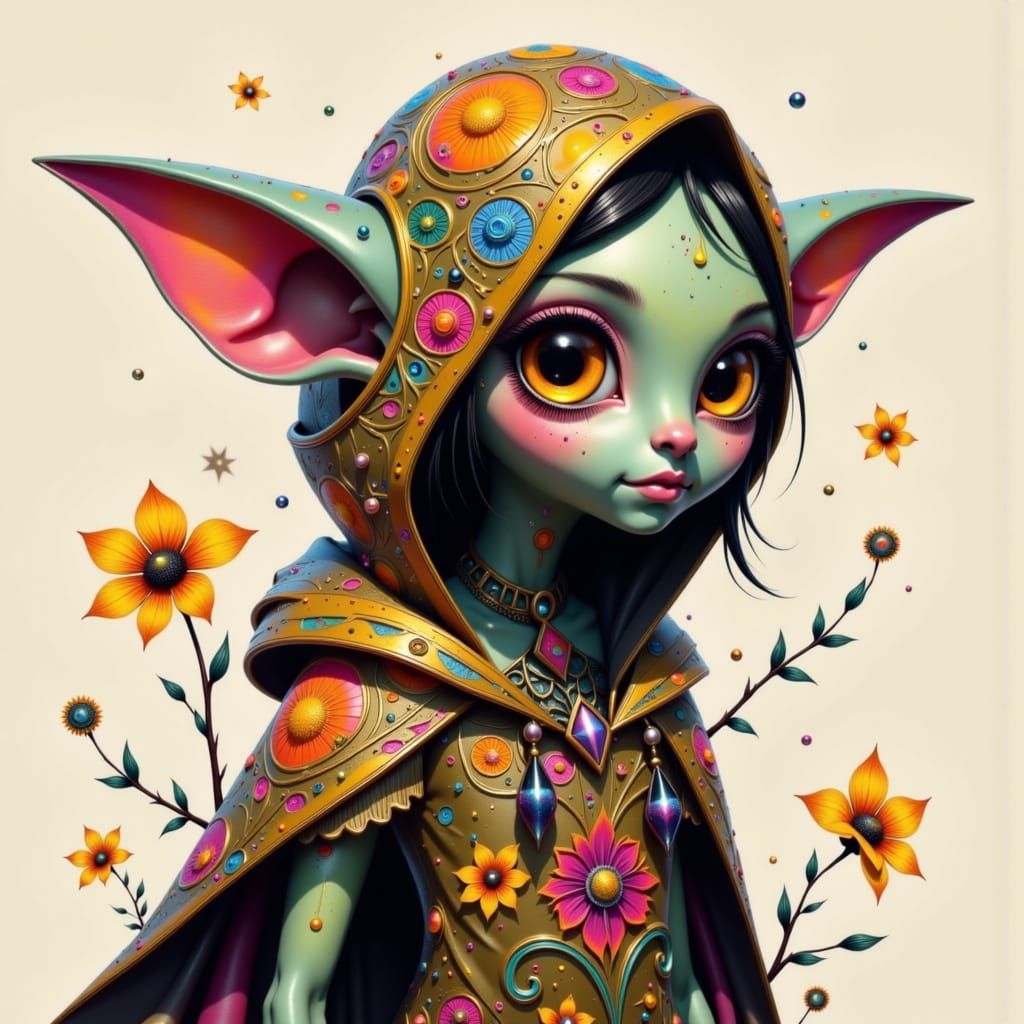 2D Cartoon Art. Portrait. A drow elf with cartoonish features, wearing a stylized piwafwi, poses dramatically. Bold outlines and solid color...